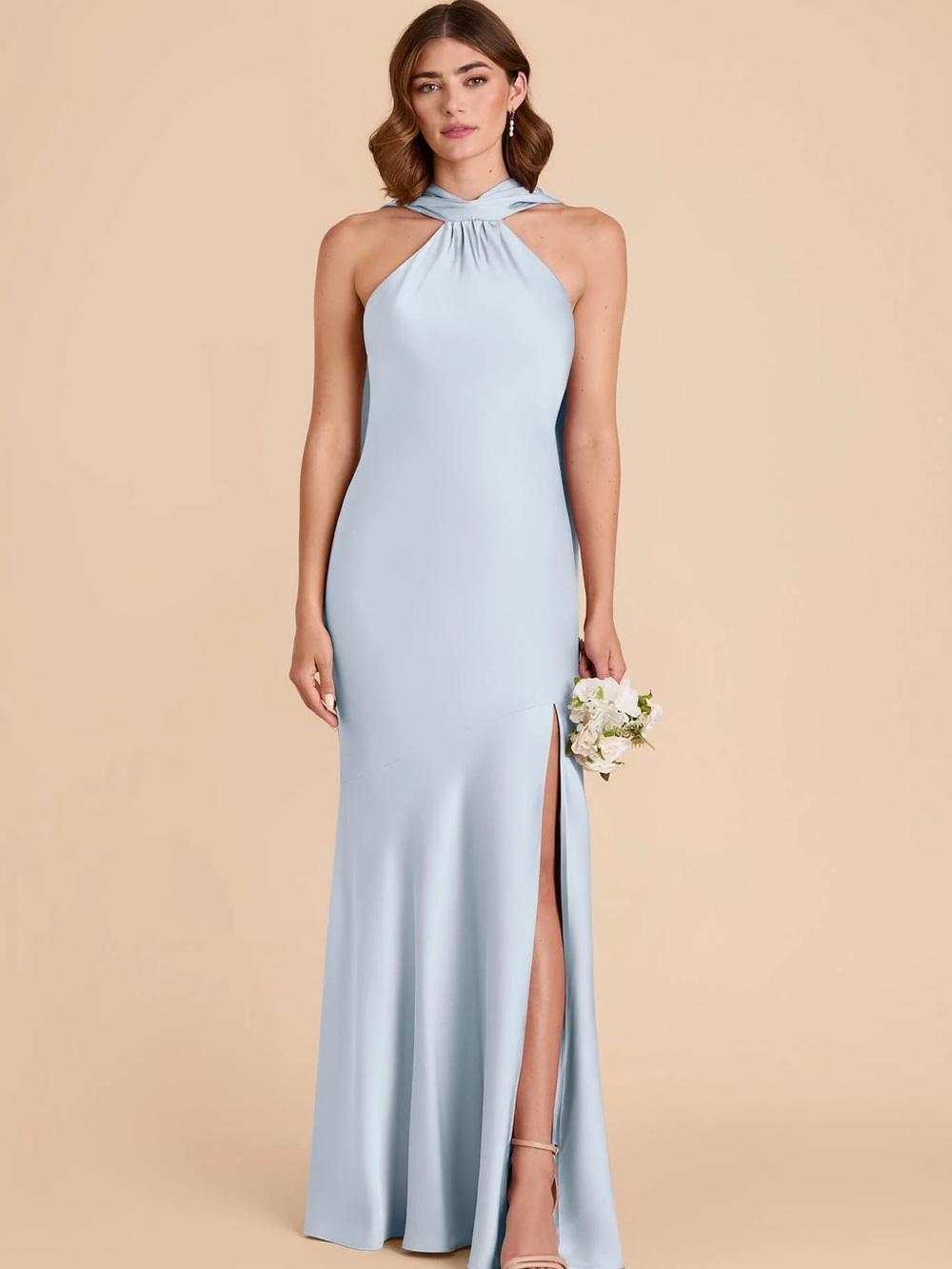 Birdy Grey Eileen Mist Blue Halter Shiny Satin Dress